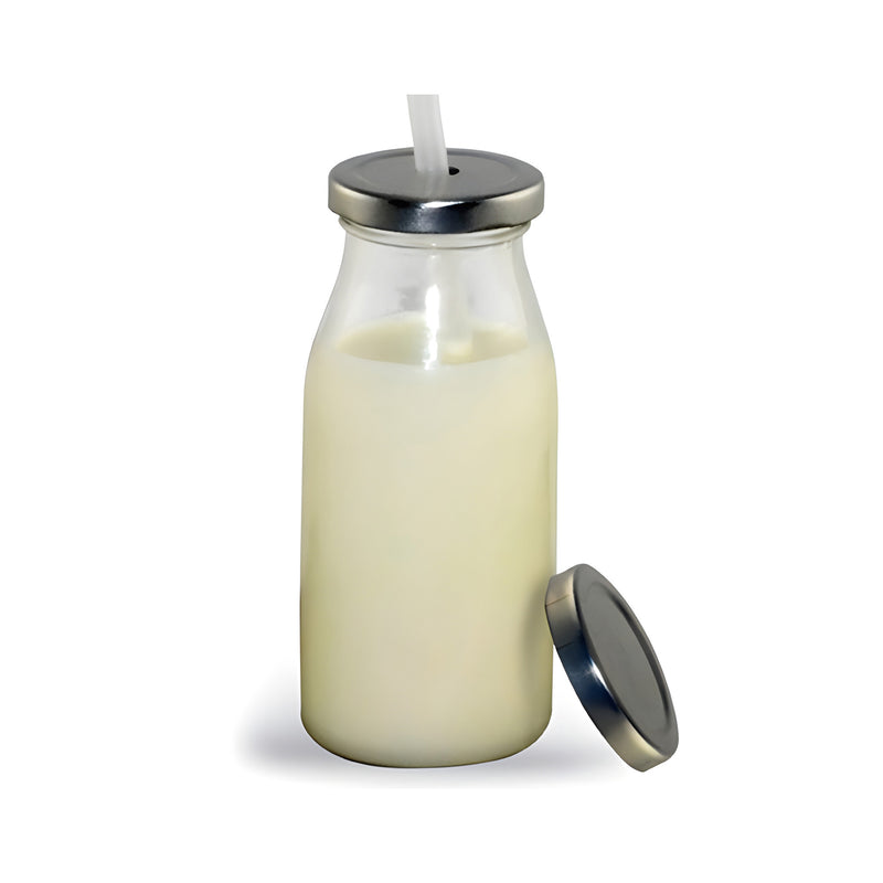 Milk Drinking Bottle with 2 Lids and Straw, Glass