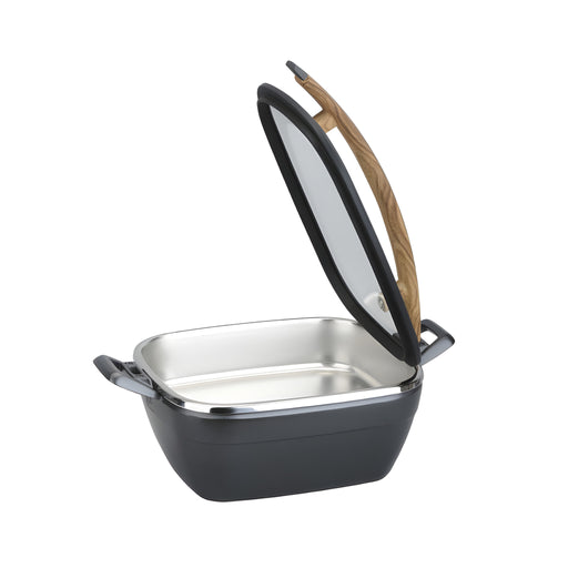 Artisan Square Casting Chafer with Wooden Handle, Black Rim