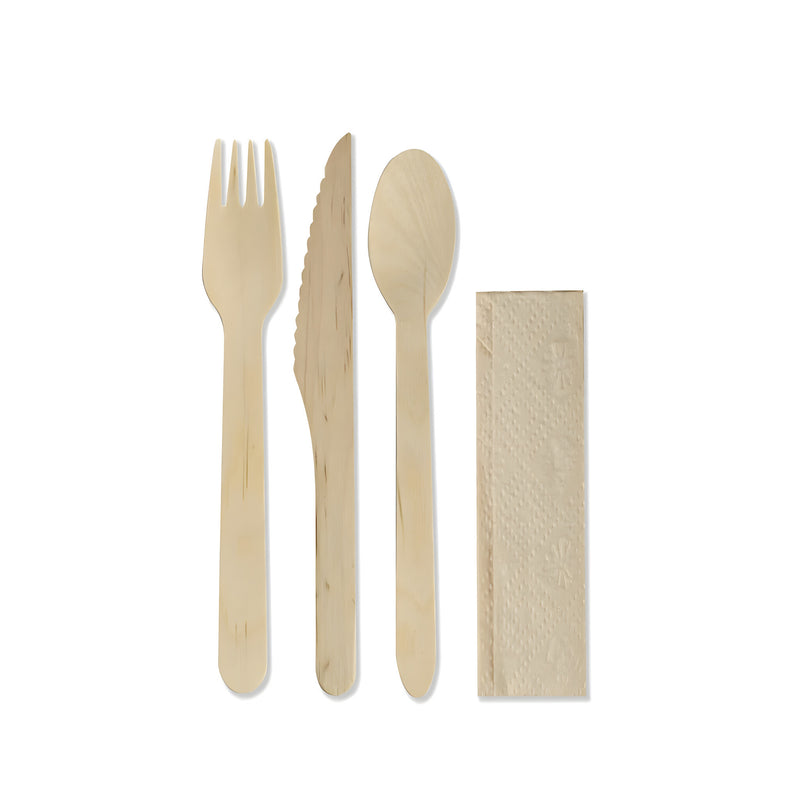 Disposable 4-Piece Wooden Cutlery Kit: Spoon, Fork, Knife & Napkin