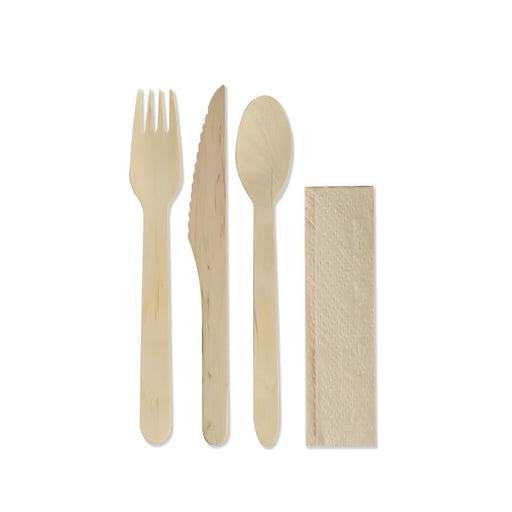 Disposable 4-Piece Wooden Cutlery Kit: Spoon, Fork, Knife & Napkin