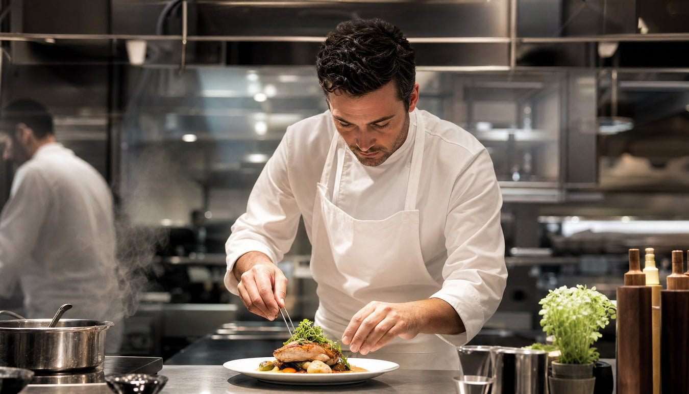 Chef plating a dish at a stainless steel counter in a professional restaurant kitchen